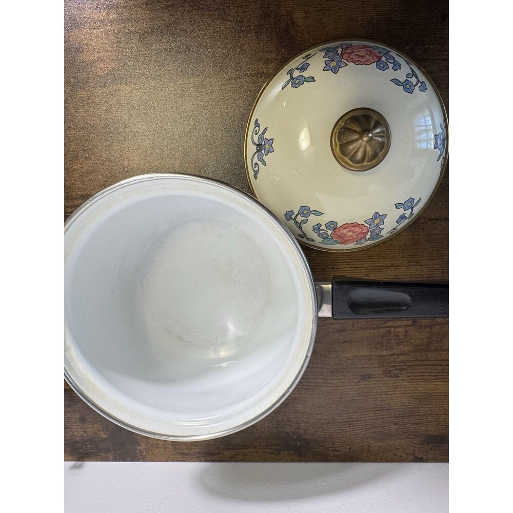 Vintage White Enamel And Floral Sauce Pot With Lid Whimsy Kitchen Cookware Pan - Picture 7 of 11